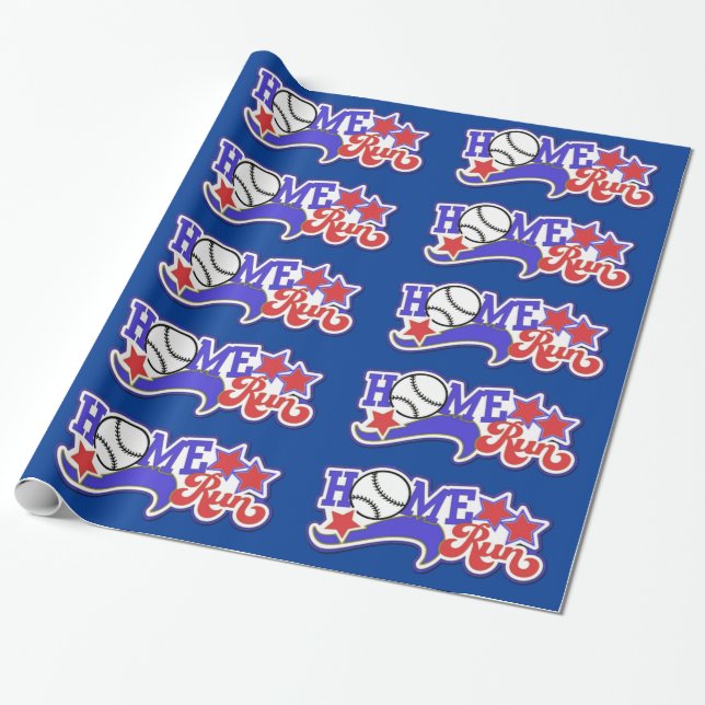 Red White & Blue Home Run Baseball Wrapping Paper (Unrolled)
