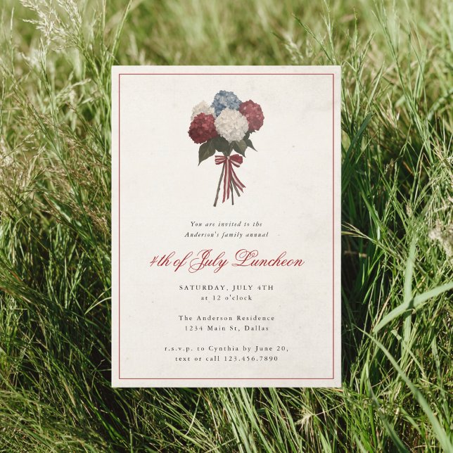 Red White Blue Hydrangeas 4th of July Luncheon Invitation (Creator Uploaded)