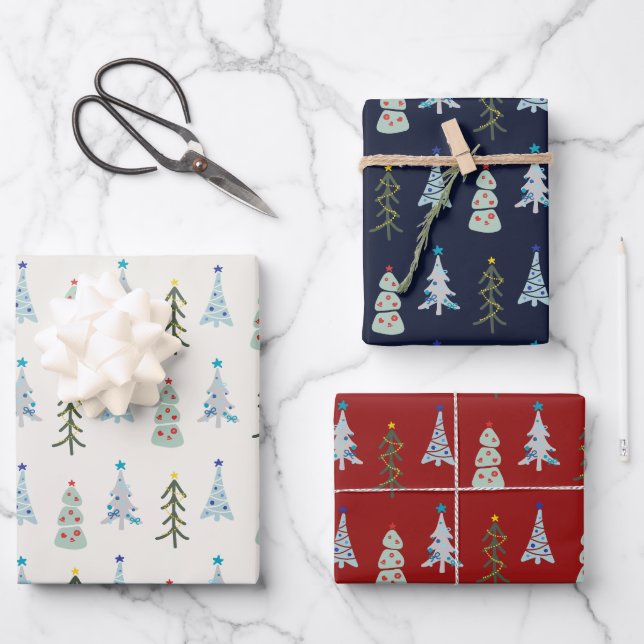 Red white blue Hygge Christmas trees Wrapping Paper Sheets (Front)