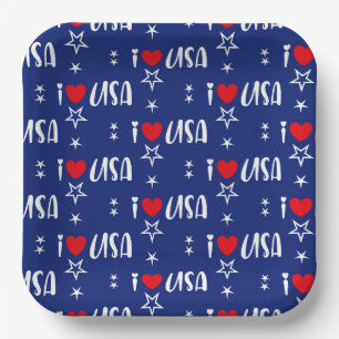 RED WHITE BLUE I LOVE USA PATTERN PAPER PLATES