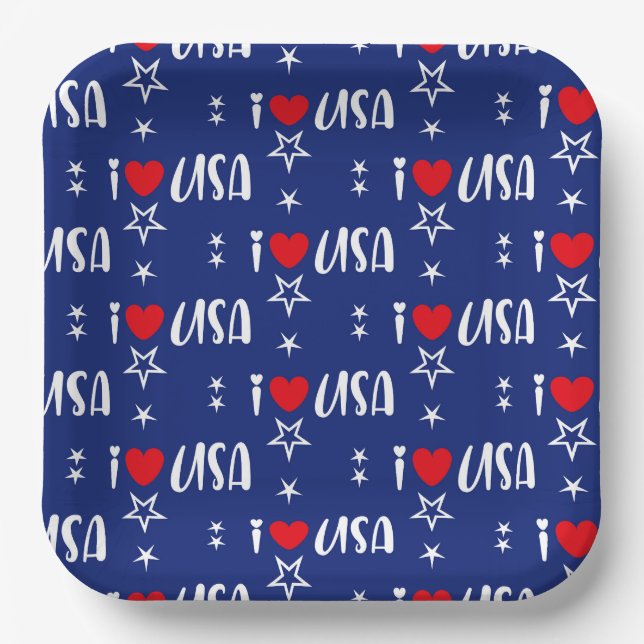 RED WHITE BLUE I LOVE USA PATTERN PAPER PLATES (Front)
