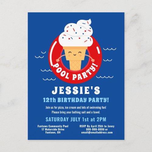 Red White Blue Ice Cream Pool Party Kids Summer Invitation Postcard