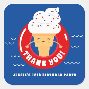 Red White Blue Ice Cream Pool Party Kids Thank You Square Sticker by LilPartyPlanners at Zazzle