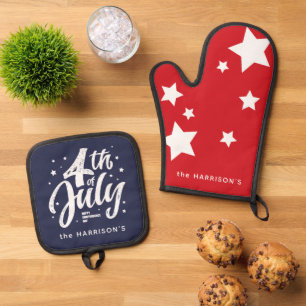 Red White Blue Independence Day 4th Of July Oven Mitt & Pot Holder Set