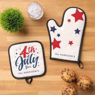 Red White Blue Independence Day 4th Of July Oven Mitt & Pot Holder Set