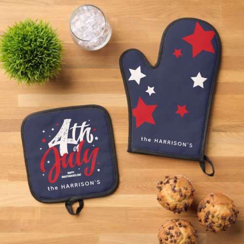 Red White Blue Independence Day 4th Of July Oven Mitt  Pot Holder Set