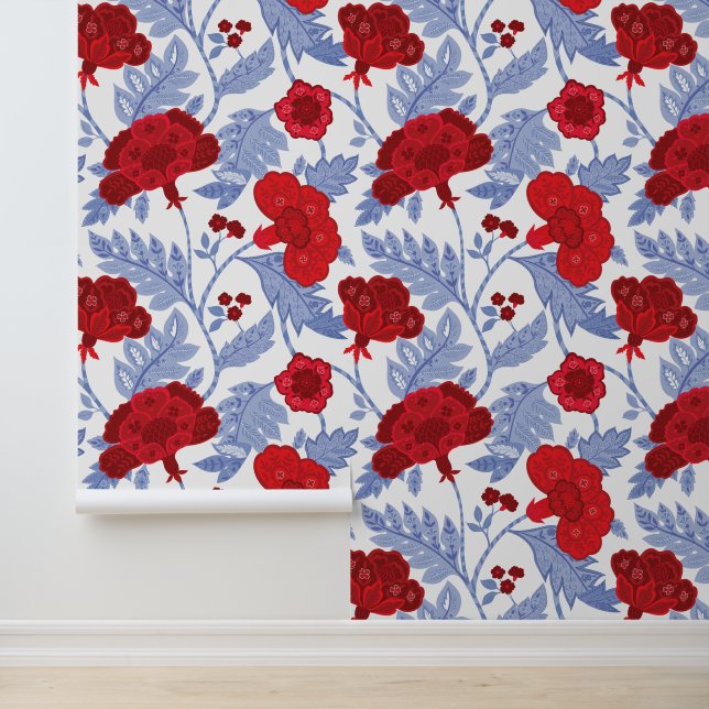 Red, White & Blue Indian Floral Pattern Wallpaper (Application)