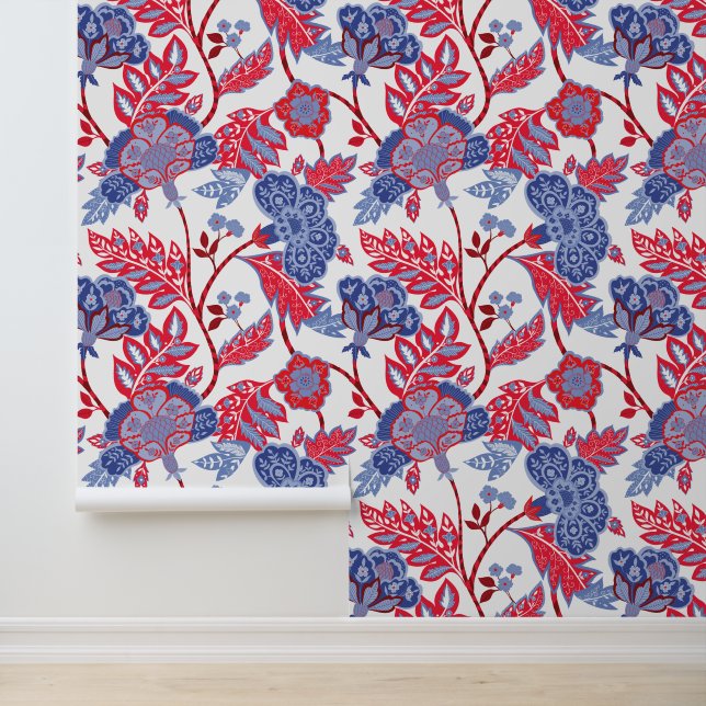 Red White & Blue Indian Floral Pattern Wallpaper (Application)