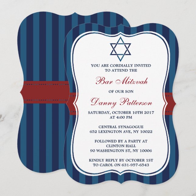 Red, White & Blue Jewish Star Of David Bar Mitzvah Invitation (Front/Back)