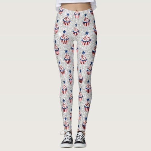 Red White Blue July 4 Cupcake Glitter Leggings