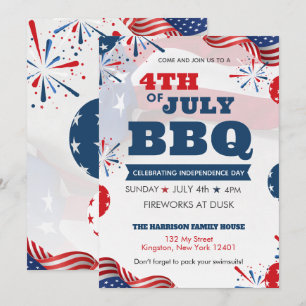 Red White Blue July 4th Party BBQ Celebration Invitation