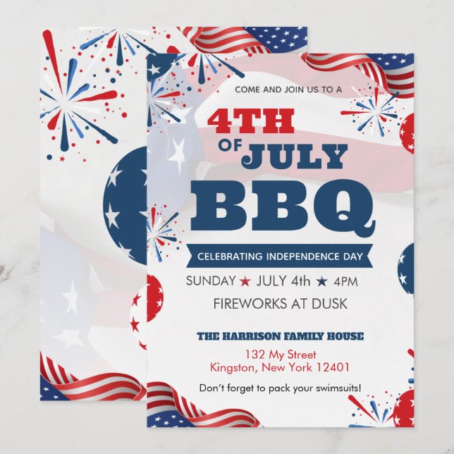 Red White Blue July 4th Party BBQ Celebration Invitation (Front/Back)