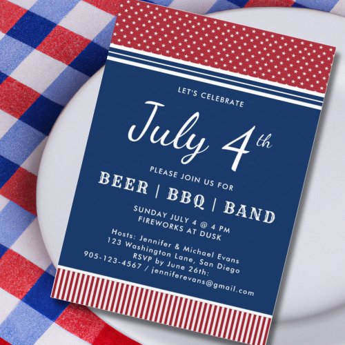 Red White Blue July 4th Party BBQ Celebration  Invitation
