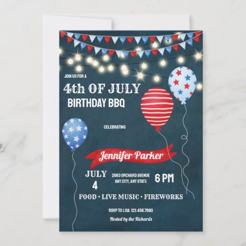 Red White Blue July Fourth  4th of July Birthday Invitation