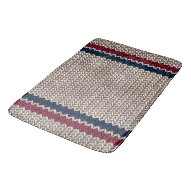 Red White Blue Knit-look Stripe Pattern Bath Mat (Angled)