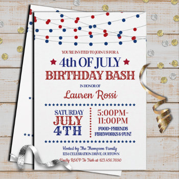 Red  White & Blue Lights 4th Of July Birthday Invitation by reflections06 at Zazzle