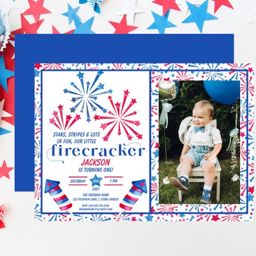 Red White  Blue Little Firecracker Photo Birthday Invitation