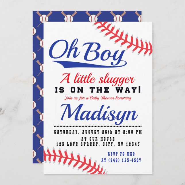 Red White Blue Little Slugger Baseball Baby Shower Invitation (Front/Back)