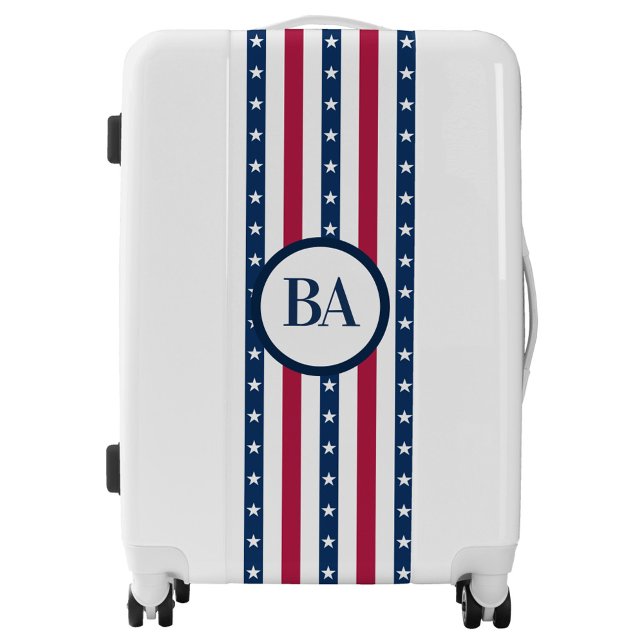 Red White Blue Luggage (A stylish suitcase with a bold design featuring red, white, and blue stripes and central logo. )