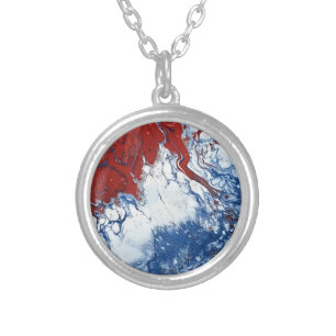 Red White Blue Marble Pattern Silver Plated Necklace