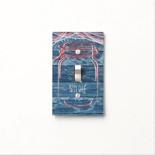 Red White & Blue Mason Jar & String Lights Rustic Light Switch Cover