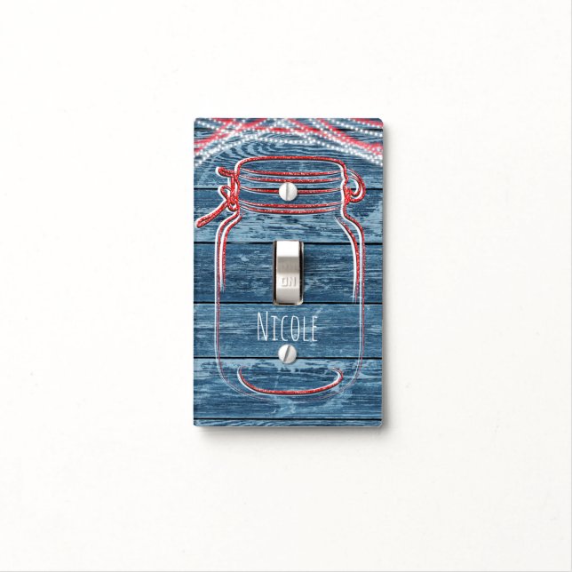 Red White & Blue Mason Jar & String Lights Rustic Light Switch Cover (In Situ)