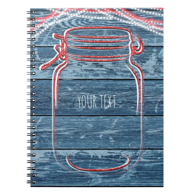 Red White & Blue Mason Jar & String Lights Rustic Notebook (Front)