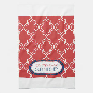 Red White Blue Moroccan Trellis Monogram Kitchen Towel