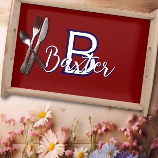 Red White & Blue Name and Monogram Personalized Serving Tray
