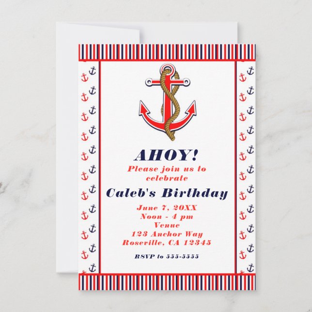 Red White & Blue Nautical Anchor Beach Invitations (Front)