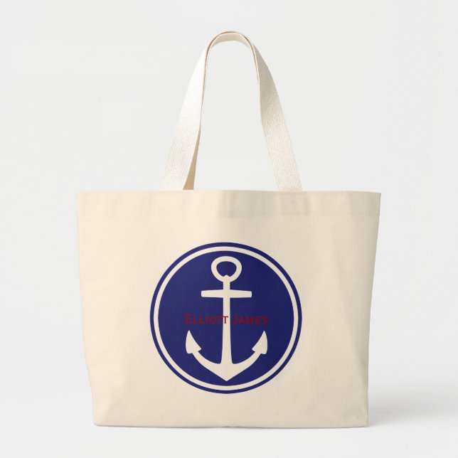 Red White Blue Nautical Anchor Personalized Large Tote Bag (Front)