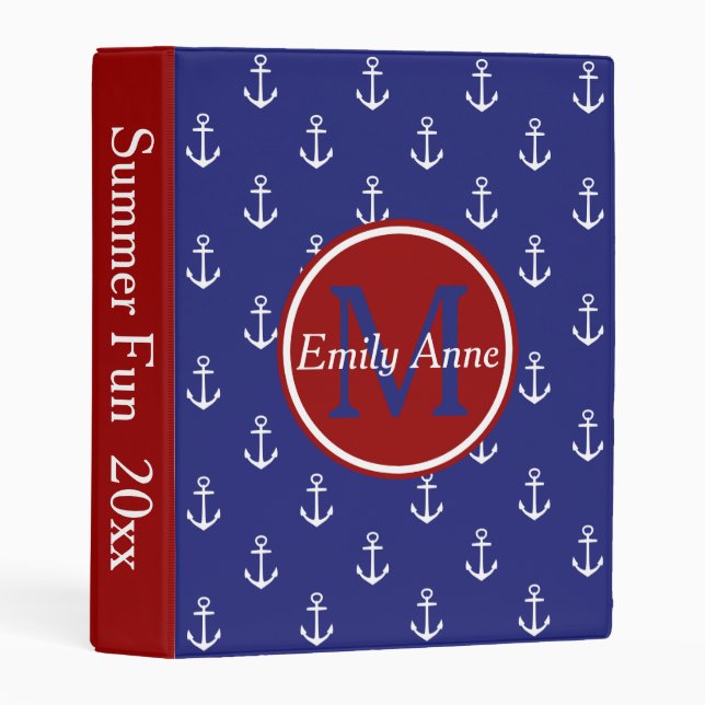 Red White Blue nautical Anchors Monogram Mini Binder (Front/Spine)