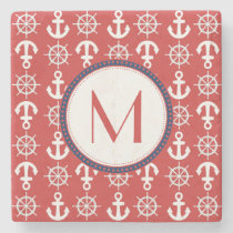 Red White Blue Nautical Anchors Wheels Monogram Stone Coaster