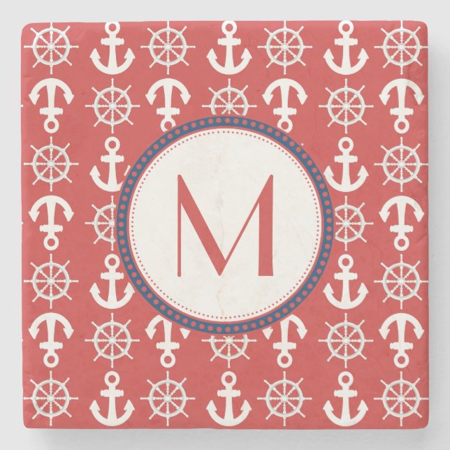 Red White Blue Nautical Anchors Wheels Monogram Stone Coaster (Front)