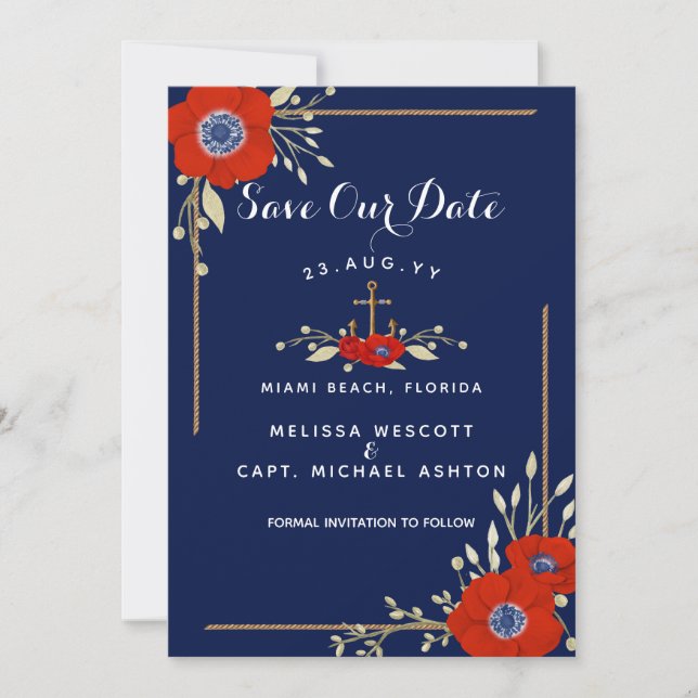 Red White & Blue Nautical Anemone Anchor Wedding Save The Date (Front)