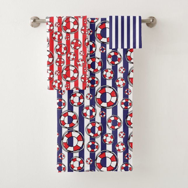 Red White Blue Nautical Beach House Bathroom Bath Towel Set (Insitu)