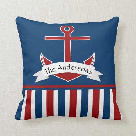 Red White Blue Nautical Design Personalized Anchor Throw Pillow