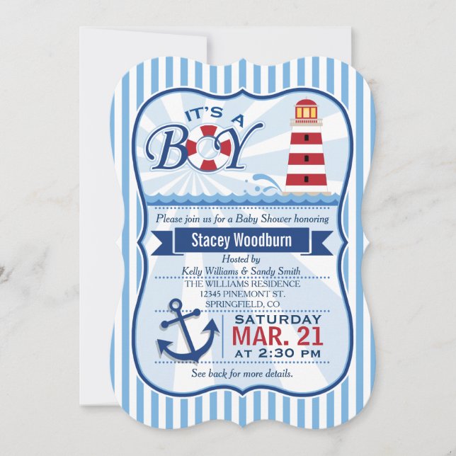 Red, White, & Blue Nautical Lighthouse Baby Shower Invitation (Front)