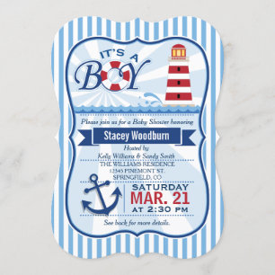 Red, White, & Blue Nautical Lighthouse Baby Shower Invitation