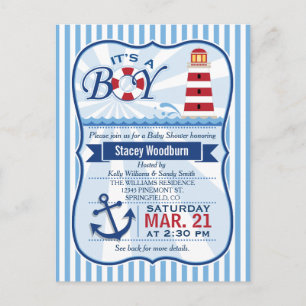Red, White, & Blue Nautical Lighthouse Baby Shower Invitation Postcard
