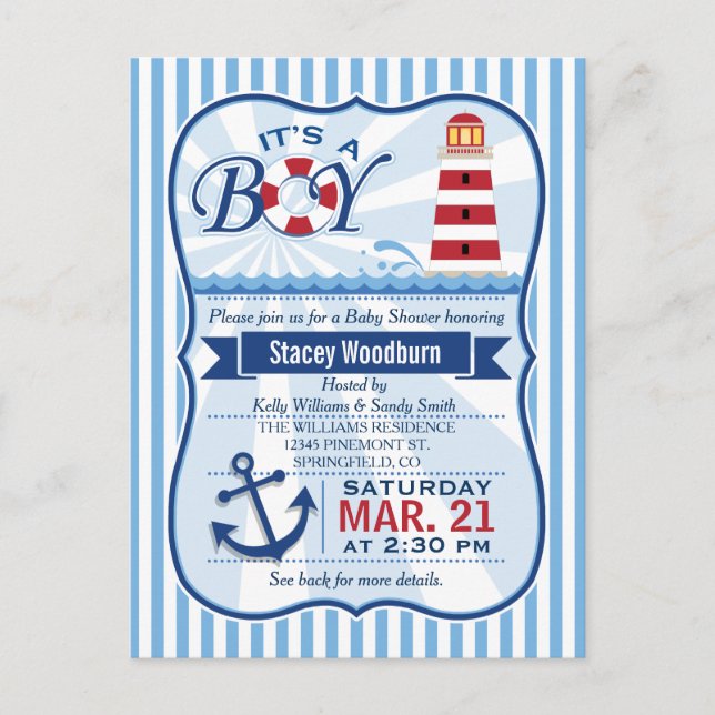 Red, White, & Blue Nautical Lighthouse Baby Shower Invitation Postcard (Front)