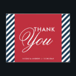 Red White Blue Nautical Stripes Thank You Postcard<br><div class="desc">Red White Blue Nautical Stripes Thank You Postcard 
  Modern red,  white and blue thank you postcard. It has a white and blue diagonal stripes pattern background and a red frame. This is perfect for nautical and ocean themed parties.</div>