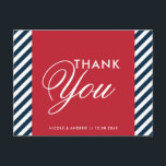 Red White Blue Nautical Stripes Thank You Postcard<br><div class="desc">Red White Blue Nautical Stripes Thank You Postcard 
  Modern red,  white and blue thank you postcard. It has a white and blue diagonal stripes pattern background and a red frame. This is perfect for nautical and ocean themed parties.</div>