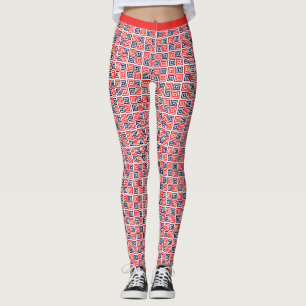 Red White Blue Nested Squares Pattern Fitness Leggings