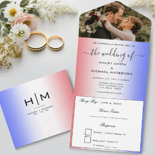 Red White & Blue Ombre Modern Photo Wedding All In One Invitation