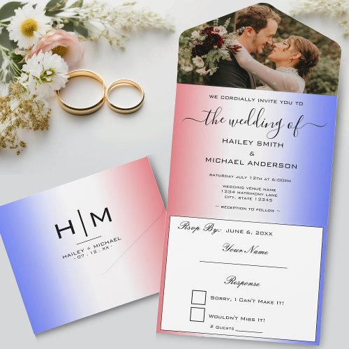 Red White  Blue Ombre Modern Photo Wedding All In One Invitation