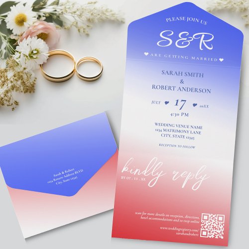 Red White  Blue Ombre QR Code Wedding All In One Invitation