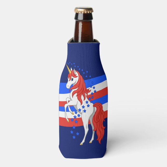 Red White Blue Patriotic American Unicorn Bottle Cooler (Bottle Front)
