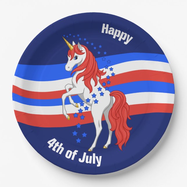 Red White Blue Patriotic American Unicorn Paper Plates (Front)