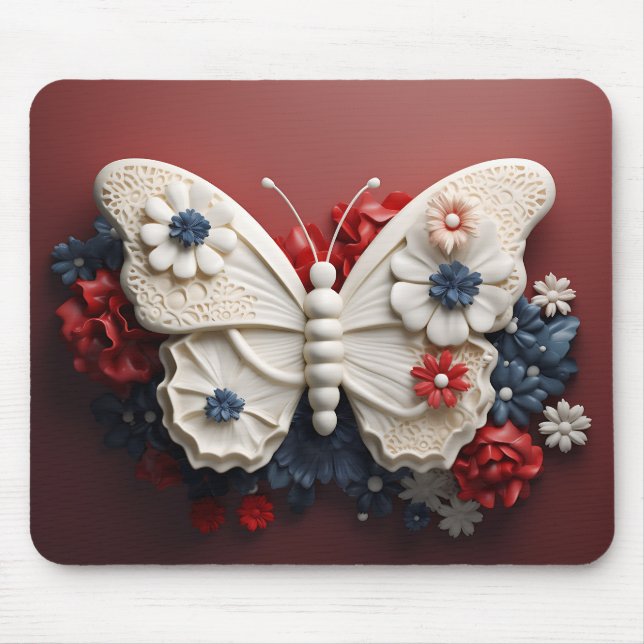 RED WHITE BLUE PATRIOTIC BUTTERFLY & FLOWERS MOUSE PAD (Front)